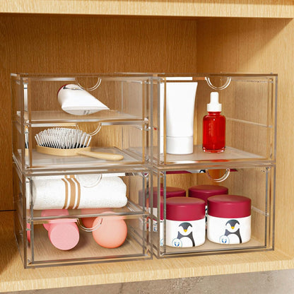 caktraie 4-Pack Acrylic 16-Drawer Storage & Makeup Organizer for Desk | Smooth-glide drawers, clear acrylic, stackable, dustproof, wipe clean, for office supplies, pens, jewelry, makeup