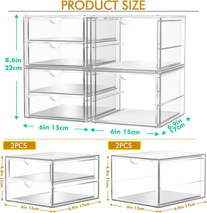 caktraie 4-Pack Acrylic 16-Drawer Storage & Makeup Organizer for Desk | Smooth-glide drawers, clear acrylic, stackable, dustproof, wipe clean, for office supplies, pens, jewelry, makeup