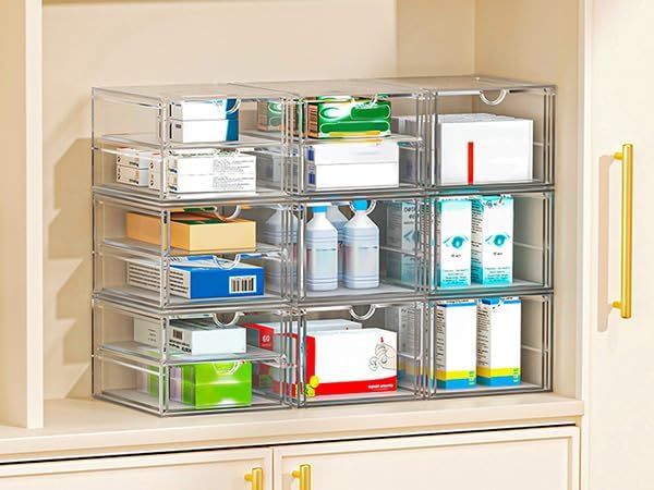 caktraie 4-Pack Acrylic 16-Drawer Storage & Makeup Organizer for Desk | Smooth-glide drawers, clear acrylic, stackable, dustproof, wipe clean, for office supplies, pens, jewelry, makeup
