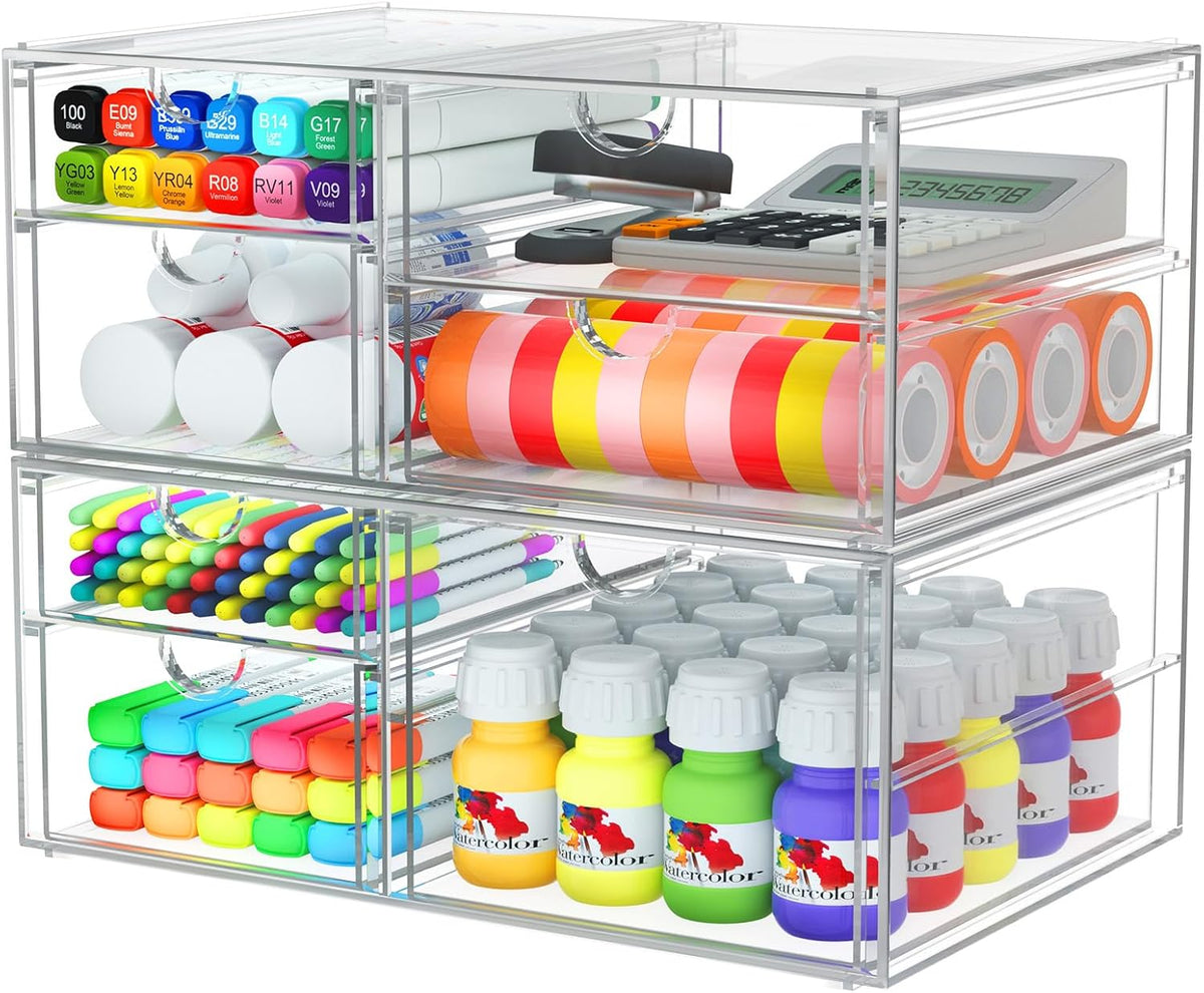 caktraie 4-Pack Acrylic 16-Drawer Storage & Makeup Organizer for Desk | Smooth-glide drawers, clear acrylic, stackable, dustproof, wipe clean, for office supplies, pens, jewelry, makeup