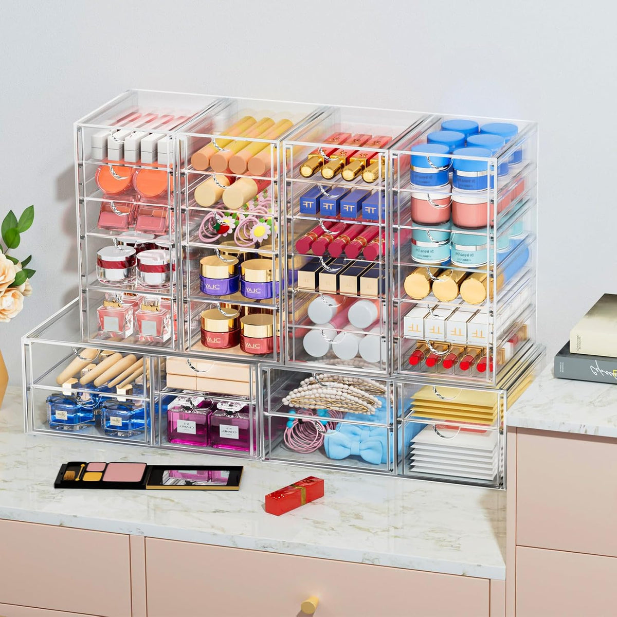 caktraie 4-Pack Acrylic 16-Drawer Storage & Makeup Organizer for Desk | Smooth-glide drawers, clear acrylic, stackable, dustproof, wipe clean, for office supplies, pens, jewelry, makeup