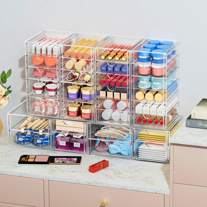 caktraie 4-Pack Acrylic 16-Drawer Storage & Makeup Organizer for Desk | Smooth-glide drawers, clear acrylic, stackable, dustproof, wipe clean, for office supplies, pens, jewelry, makeup