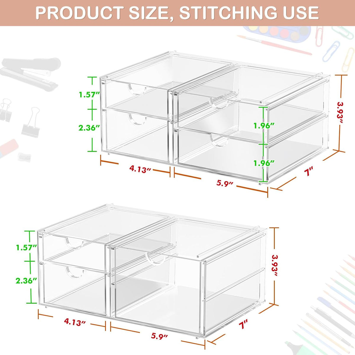 caktraie 4-Pack Acrylic 16-Drawer Storage & Makeup Organizer for Desk | Smooth-glide drawers, clear acrylic, stackable, dustproof, wipe clean, for office supplies, pens, jewelry, makeup