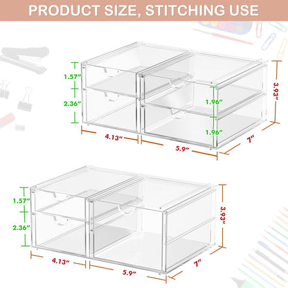 caktraie 4-Pack Acrylic 16-Drawer Storage & Makeup Organizer for Desk | Smooth-glide drawers, clear acrylic, stackable, dustproof, wipe clean, for office supplies, pens, jewelry, makeup