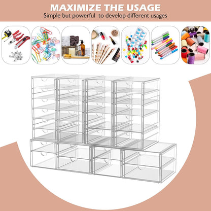 caktraie 4-Pack Acrylic 16-Drawer Storage & Makeup Organizer for Desk | Smooth-glide drawers, clear acrylic, stackable, dustproof, wipe clean, for office supplies, pens, jewelry, makeup