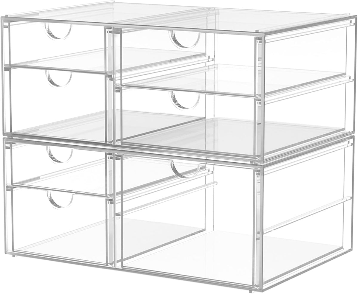 caktraie 4-Pack Acrylic 16-Drawer Storage & Makeup Organizer for Desk | Smooth-glide drawers, clear acrylic, stackable, dustproof, wipe clean, for office supplies, pens, jewelry, makeup