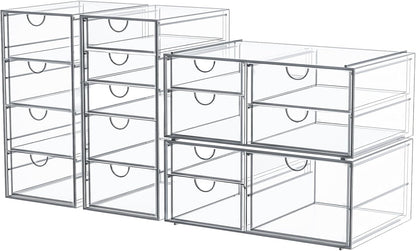 caktraie 4-Pack Acrylic 16-Drawer Storage & Makeup Organizer for Desk | Smooth-glide drawers, clear acrylic, stackable, dustproof, wipe clean, for office supplies, pens, jewelry, makeup