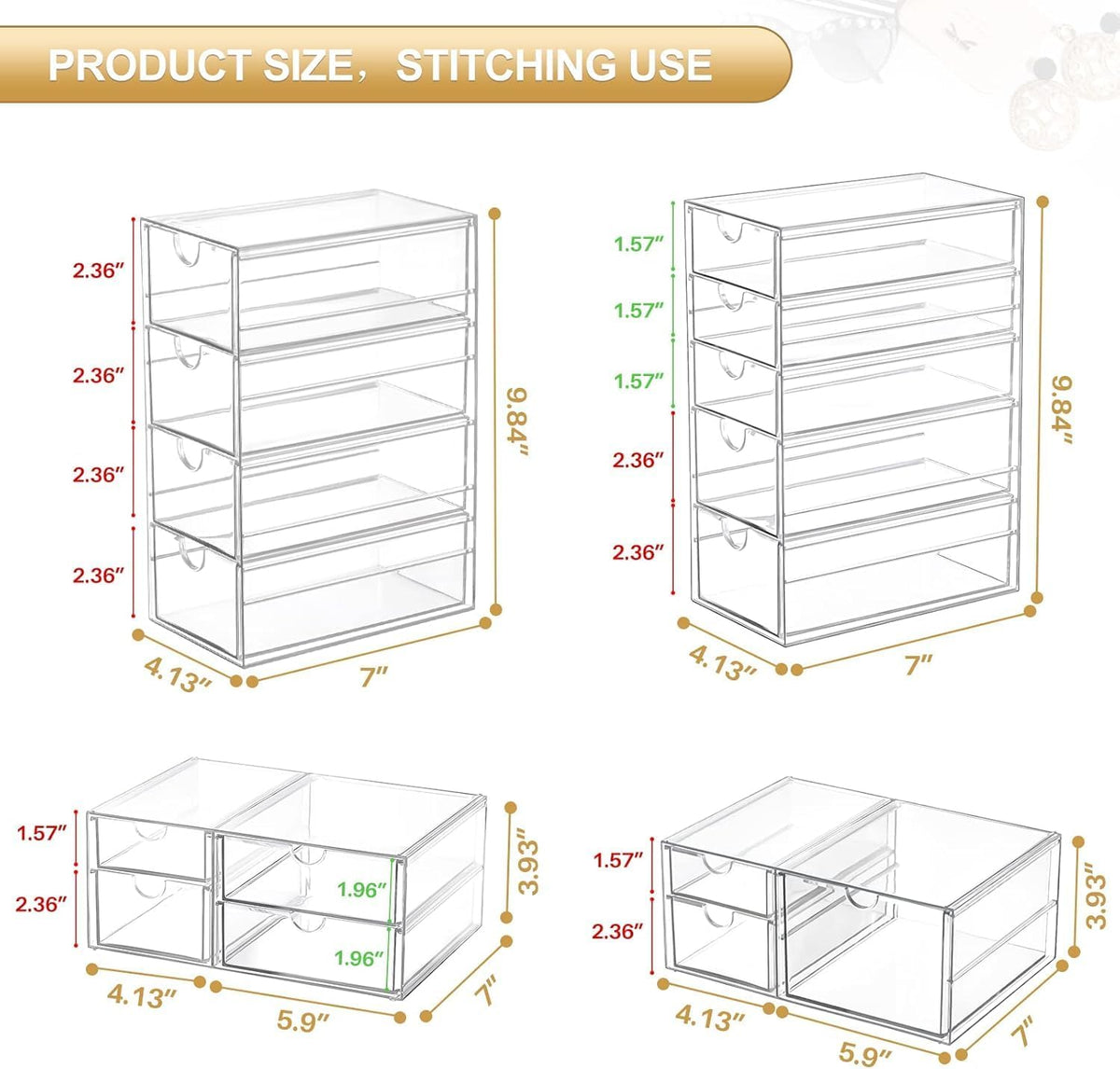 caktraie 4-Pack Acrylic 16-Drawer Storage & Makeup Organizer for Desk | Smooth-glide drawers, clear acrylic, stackable, dustproof, wipe clean, for office supplies, pens, jewelry, makeup