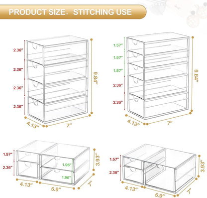 caktraie 4-Pack Acrylic 16-Drawer Storage & Makeup Organizer for Desk | Smooth-glide drawers, clear acrylic, stackable, dustproof, wipe clean, for office supplies, pens, jewelry, makeup
