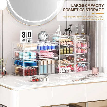 caktraie 4-Pack Acrylic 16-Drawer Storage & Makeup Organizer for Desk | Smooth-glide drawers, clear acrylic, stackable, dustproof, wipe clean, for office supplies, pens, jewelry, makeup