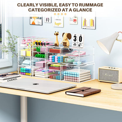 caktraie 4-Pack Acrylic 16-Drawer Storage & Makeup Organizer for Desk | Smooth-glide drawers, clear acrylic, stackable, dustproof, wipe clean, for office supplies, pens, jewelry, makeup