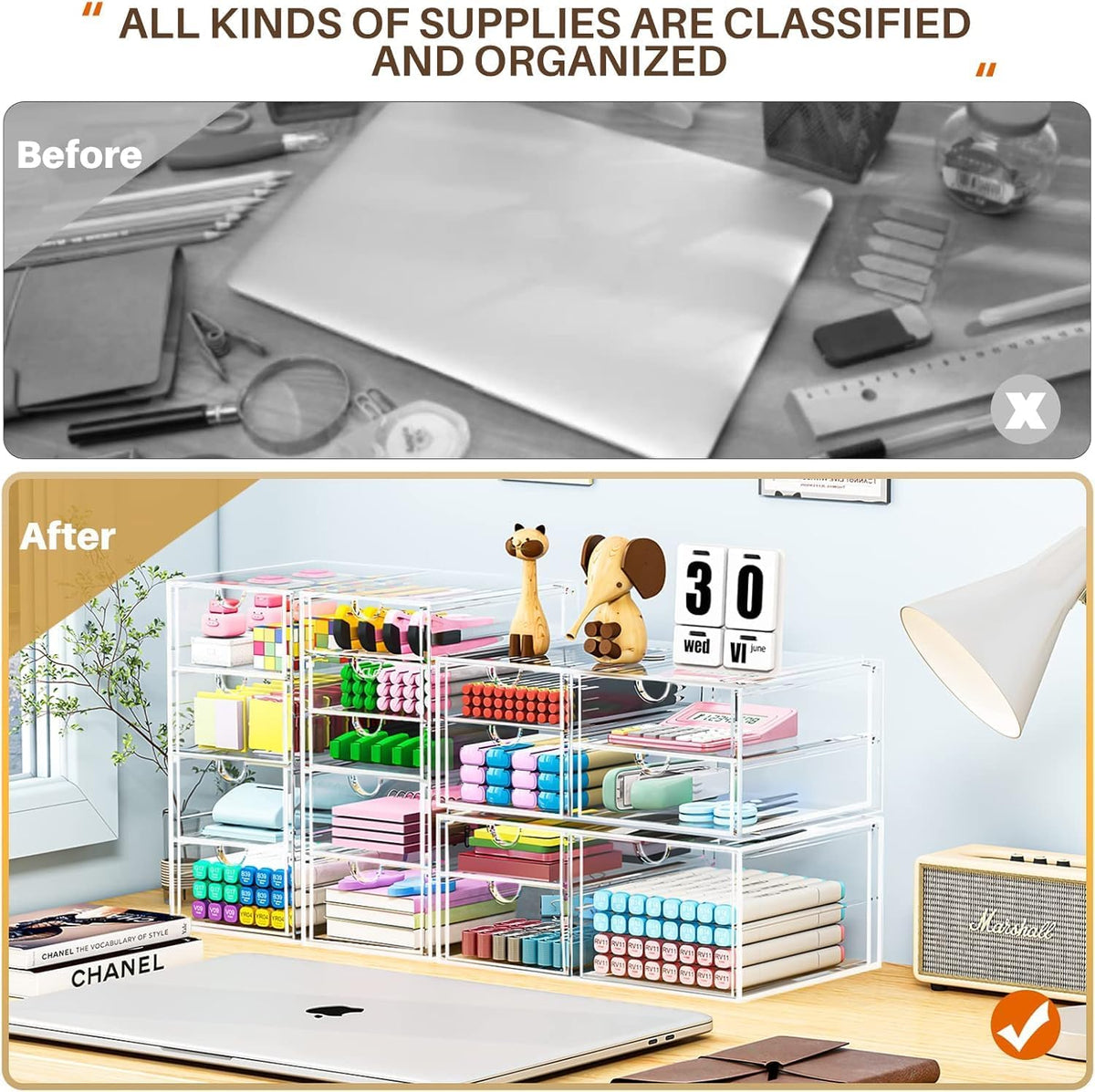 caktraie 4-Pack Acrylic 16-Drawer Storage & Makeup Organizer for Desk | Smooth-glide drawers, clear acrylic, stackable, dustproof, wipe clean, for office supplies, pens, jewelry, makeup