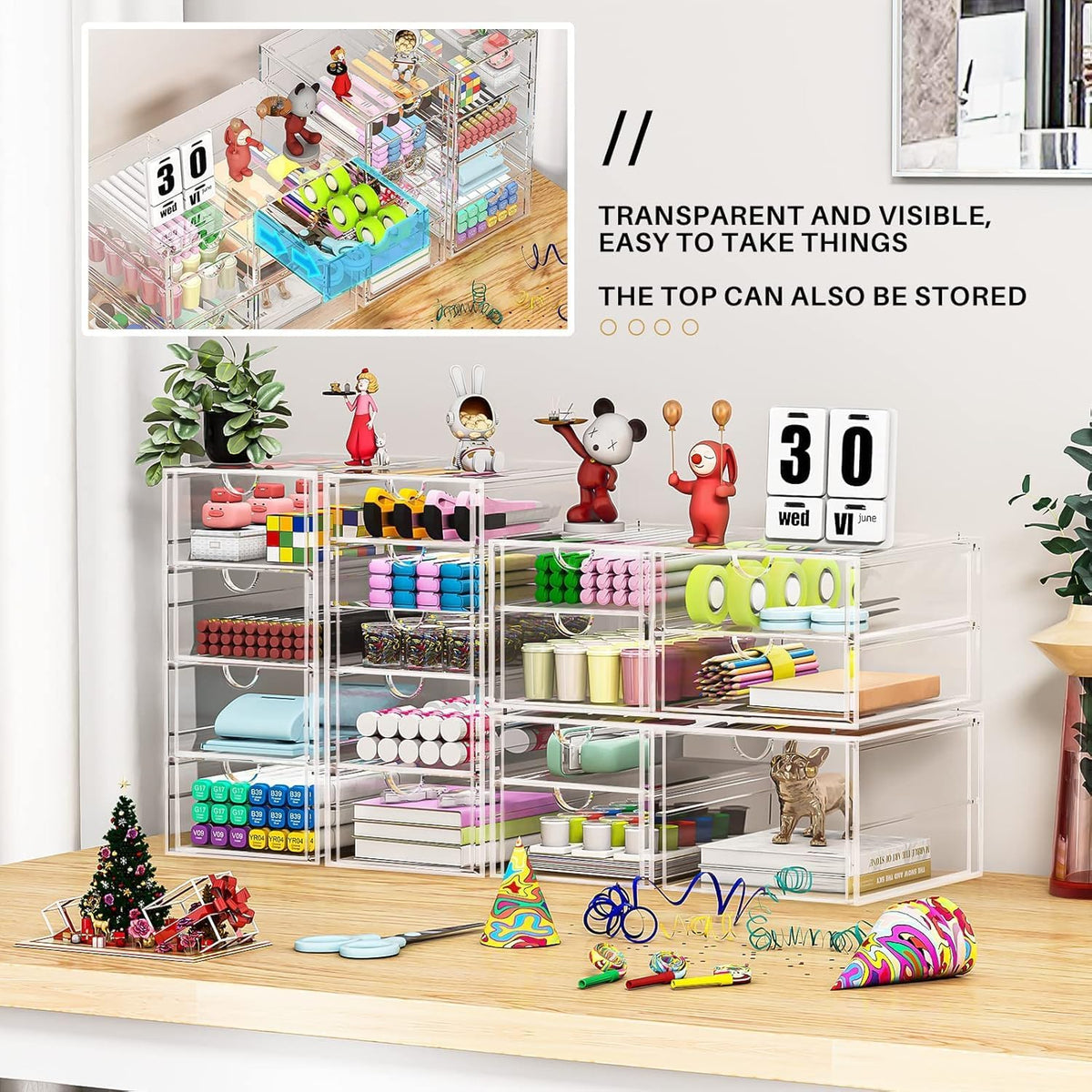 caktraie 4-Pack Acrylic 16-Drawer Storage & Makeup Organizer for Desk | Smooth-glide drawers, clear acrylic, stackable, dustproof, wipe clean, for office supplies, pens, jewelry, makeup