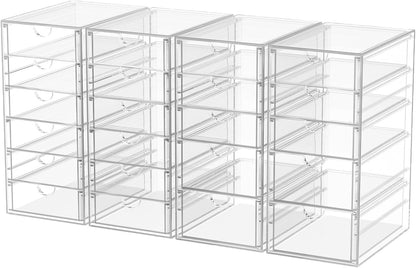 caktraie 4-Pack Acrylic 16-Drawer Storage & Makeup Organizer for Desk | Smooth-glide drawers, clear acrylic, stackable, dustproof, wipe clean, for office supplies, pens, jewelry, makeup