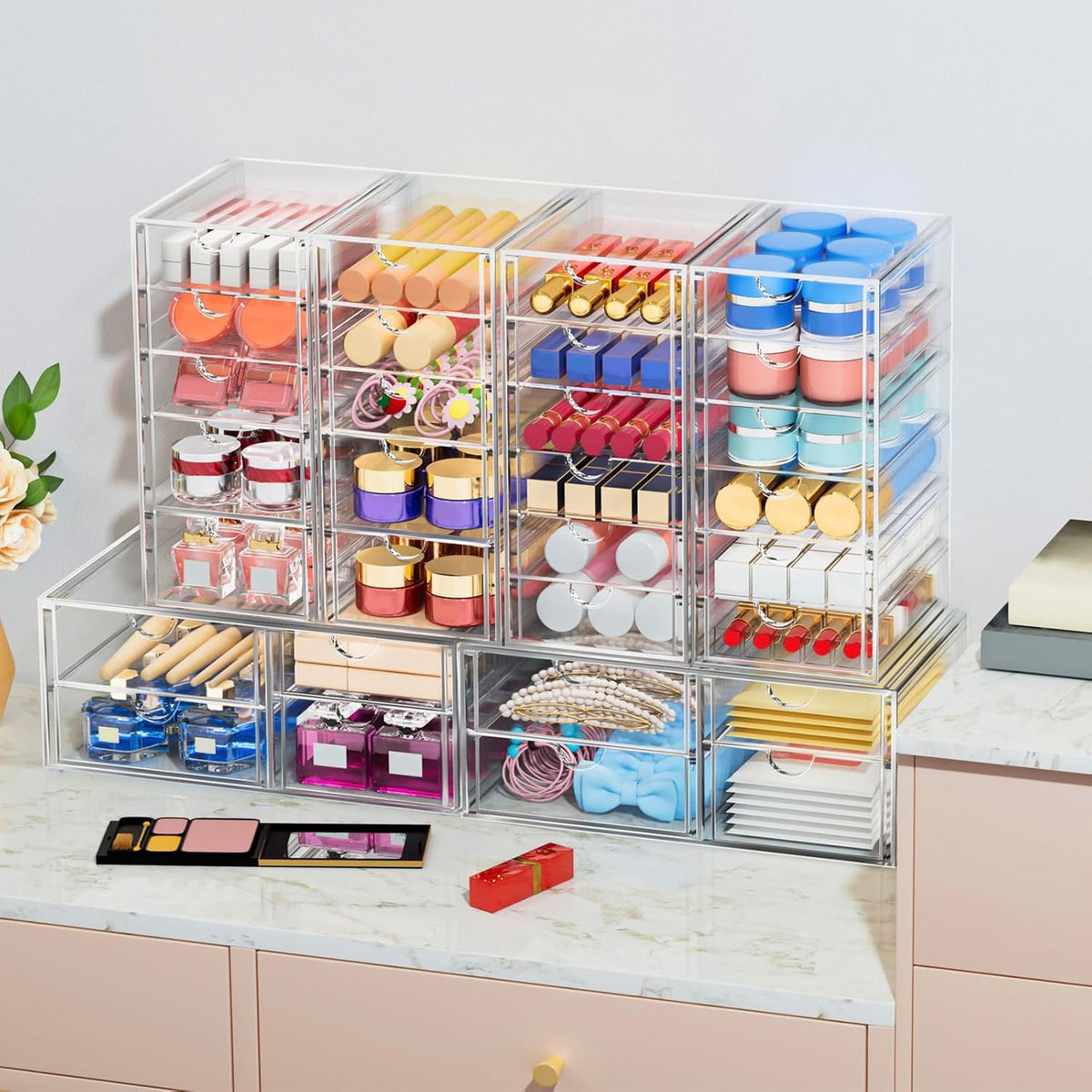 caktraie 4-Pack Acrylic 16-Drawer Storage & Makeup Organizer for Desk | Smooth-glide drawers, clear acrylic, stackable, dustproof, wipe clean, for office supplies, pens, jewelry, makeup