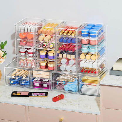 caktraie 4-Pack Acrylic 16-Drawer Storage & Makeup Organizer for Desk | Smooth-glide drawers, clear acrylic, stackable, dustproof, wipe clean, for office supplies, pens, jewelry, makeup