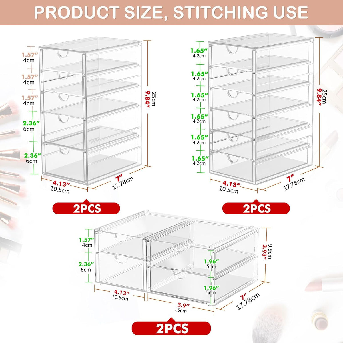 caktraie 4-Pack Acrylic 16-Drawer Storage & Makeup Organizer for Desk | Smooth-glide drawers, clear acrylic, stackable, dustproof, wipe clean, for office supplies, pens, jewelry, makeup
