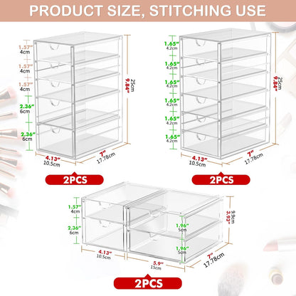 caktraie 4-Pack Acrylic 16-Drawer Storage & Makeup Organizer for Desk | Smooth-glide drawers, clear acrylic, stackable, dustproof, wipe clean, for office supplies, pens, jewelry, makeup