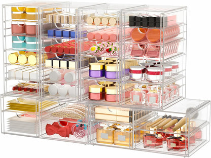 caktraie 4-Pack Acrylic 16-Drawer Storage & Makeup Organizer for Desk | Smooth-glide drawers, clear acrylic, stackable, dustproof, wipe clean, for office supplies, pens, jewelry, makeup