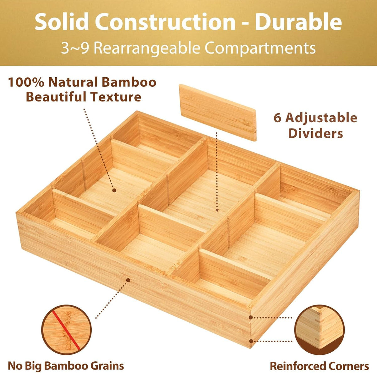 Bamboo Desk Drawer Organizer, Wood Junk Organizer Tray with Adjustable Dividers, Anti-Skip Storage Organization in Office Bathroom Drawer for Vanity, Makeup, 12" x 9"