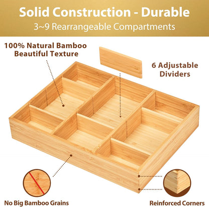 Bamboo Desk Drawer Organizer, Wood Junk Organizer Tray with Adjustable Dividers, Anti-Skip Storage Organization in Office Bathroom Drawer for Vanity, Makeup, 12" x 9"