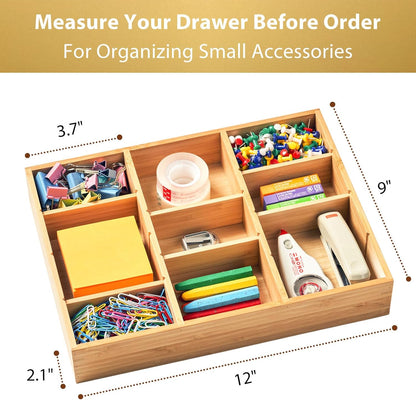 Bamboo Desk Drawer Organizer, Wood Junk Organizer Tray with Adjustable Dividers, Anti-Skip Storage Organization in Office Bathroom Drawer for Vanity, Makeup, 12" x 9"