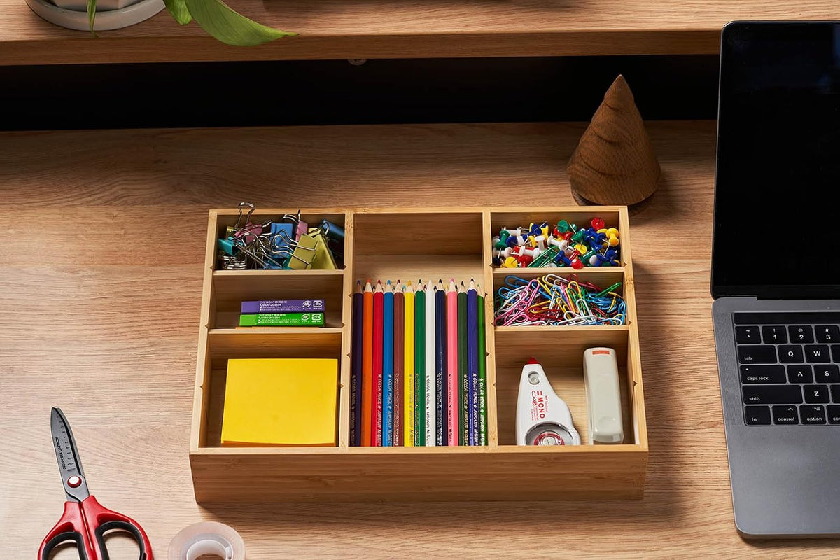 Bamboo Desk Drawer Organizer, Wood Junk Organizer Tray with Adjustable Dividers, Anti-Skip Storage Organization in Office Bathroom Drawer for Vanity, Makeup, 12" x 9"