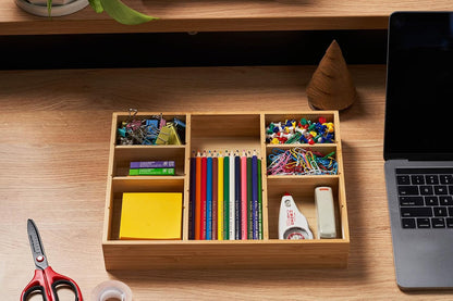 Bamboo Desk Drawer Organizer, Wood Junk Organizer Tray with Adjustable Dividers, Anti-Skip Storage Organization in Office Bathroom Drawer for Vanity, Makeup, 12" x 9"