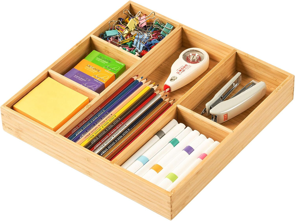 Bamboo Desk Drawer Organizer, Wood Junk Organizer Tray with Adjustable Dividers, Anti-Skip Storage Organization in Office Bathroom Drawer for Vanity, Makeup, 12" x 9"