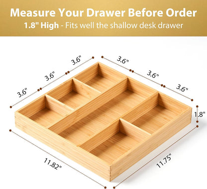 Bamboo Desk Drawer Organizer, Wood Junk Organizer Tray with Adjustable Dividers, Anti-Skip Storage Organization in Office Bathroom Drawer for Vanity, Makeup, 12" x 9"