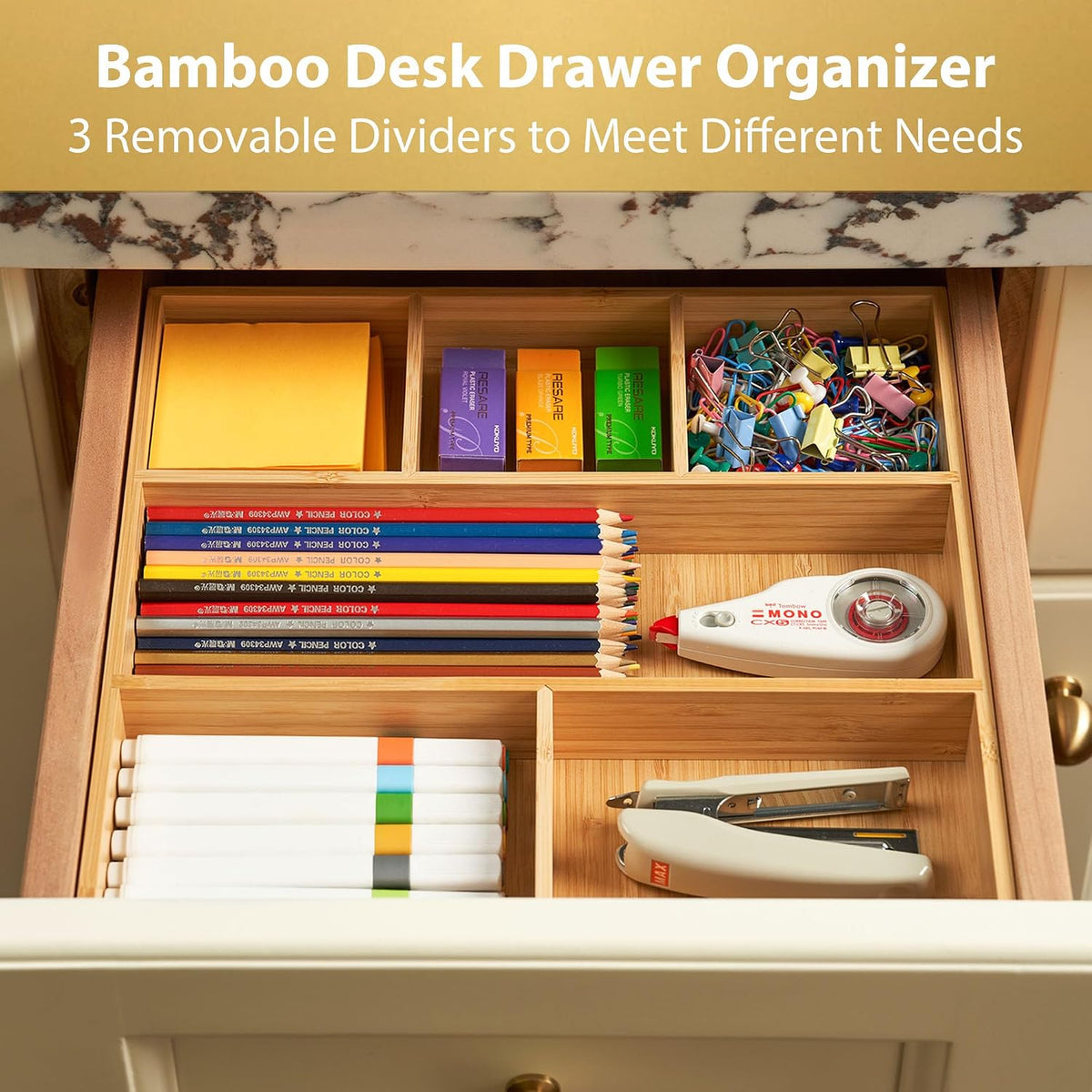 Bamboo Desk Drawer Organizer, Wood Junk Organizer Tray with Adjustable Dividers, Anti-Skip Storage Organization in Office Bathroom Drawer for Vanity, Makeup, 12" x 9"
