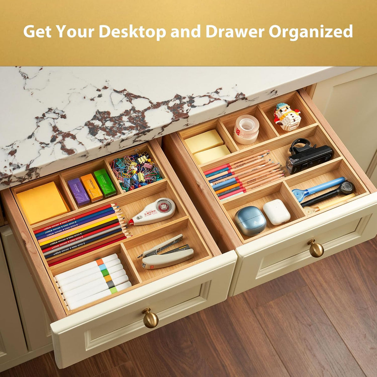 Bamboo Desk Drawer Organizer, Wood Junk Organizer Tray with Adjustable Dividers, Anti-Skip Storage Organization in Office Bathroom Drawer for Vanity, Makeup, 12" x 9"