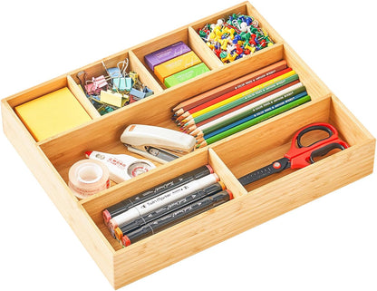 Bamboo Desk Drawer Organizer, Wood Junk Organizer Tray with Adjustable Dividers, Anti-Skip Storage Organization in Office Bathroom Drawer for Vanity, Makeup, 12" x 9"