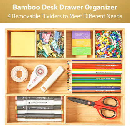 Bamboo Desk Drawer Organizer, Wood Junk Organizer Tray with Adjustable Dividers, Anti-Skip Storage Organization in Office Bathroom Drawer for Vanity, Makeup, 12" x 9"