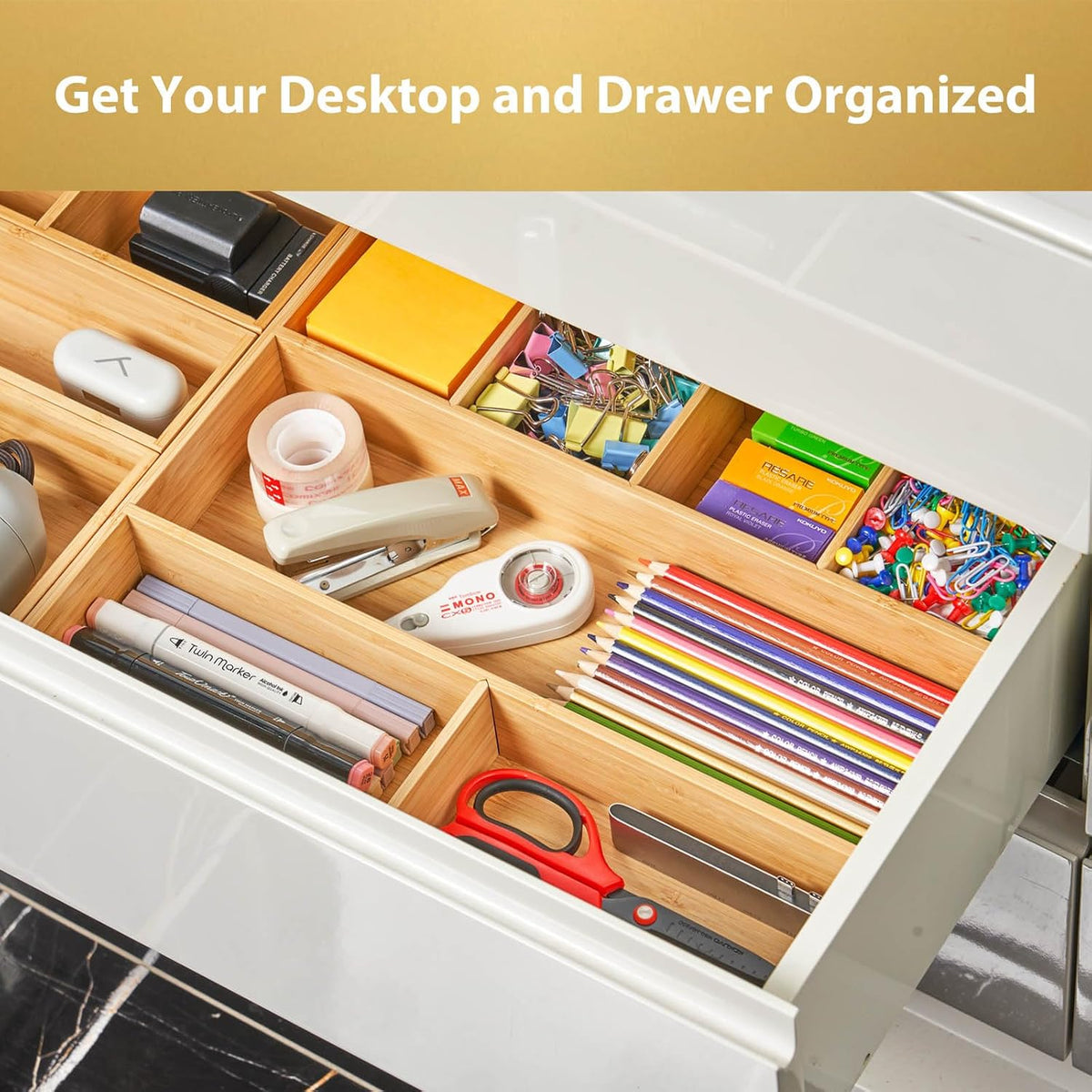 Bamboo Desk Drawer Organizer, Wood Junk Organizer Tray with Adjustable Dividers, Anti-Skip Storage Organization in Office Bathroom Drawer for Vanity, Makeup, 12" x 9"