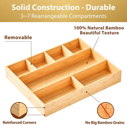 Bamboo Desk Drawer Organizer, Wood Junk Organizer Tray with Adjustable Dividers, Anti-Skip Storage Organization in Office Bathroom Drawer for Vanity, Makeup, 12" x 9"