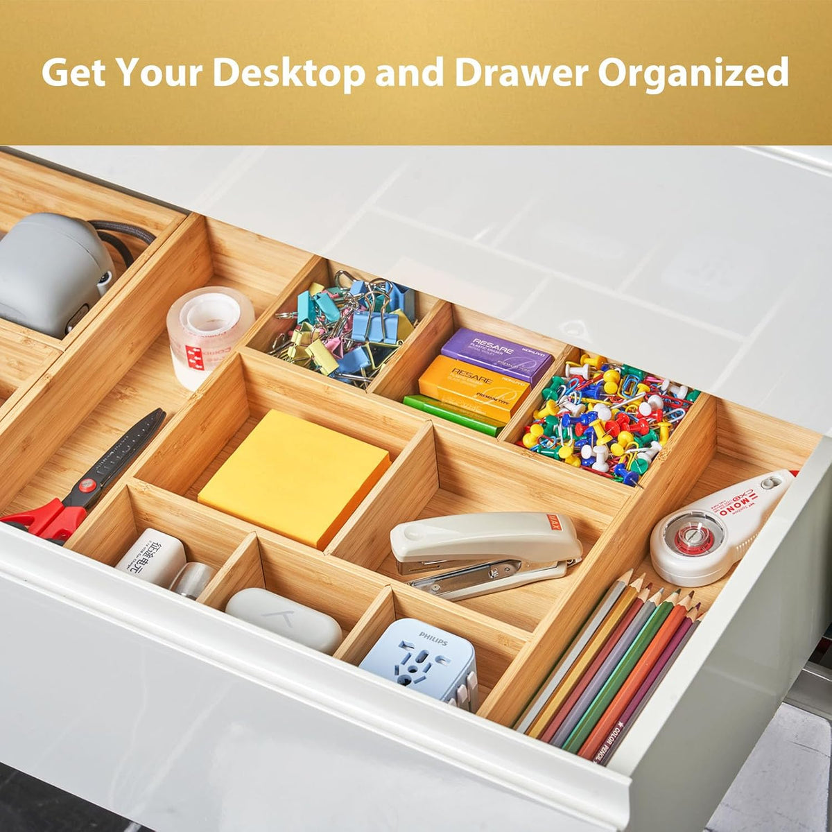 Bamboo Desk Drawer Organizer, Wood Junk Organizer Tray with Adjustable Dividers, Anti-Skip Storage Organization in Office Bathroom Drawer for Vanity, Makeup, 12" x 9"