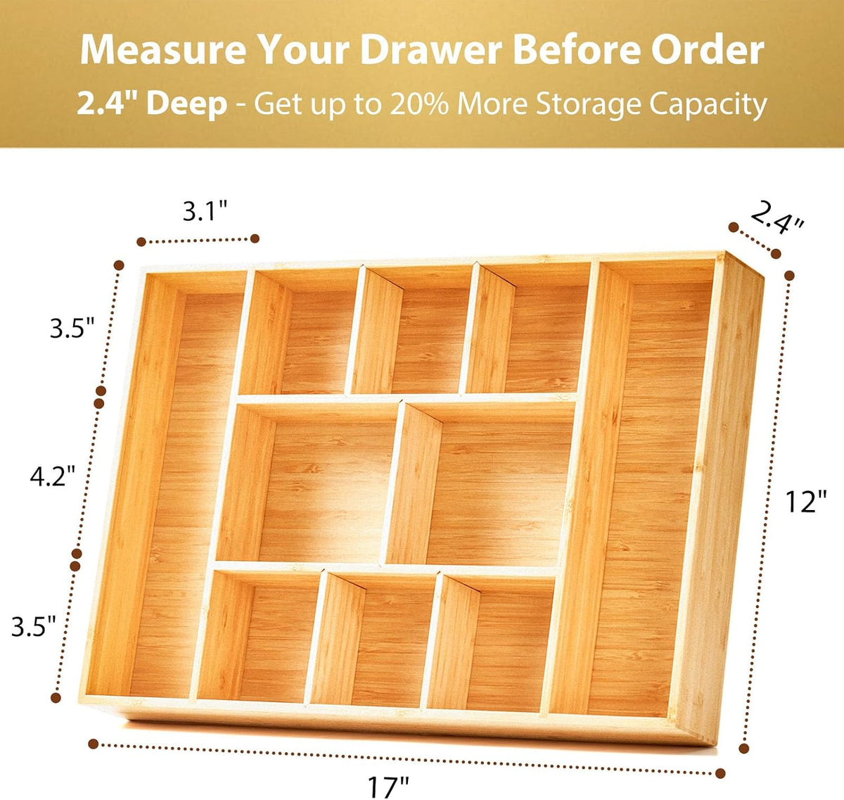 Bamboo Desk Drawer Organizer, Wood Junk Organizer Tray with Adjustable Dividers, Anti-Skip Storage Organization in Office Bathroom Drawer for Vanity, Makeup, 12" x 9"