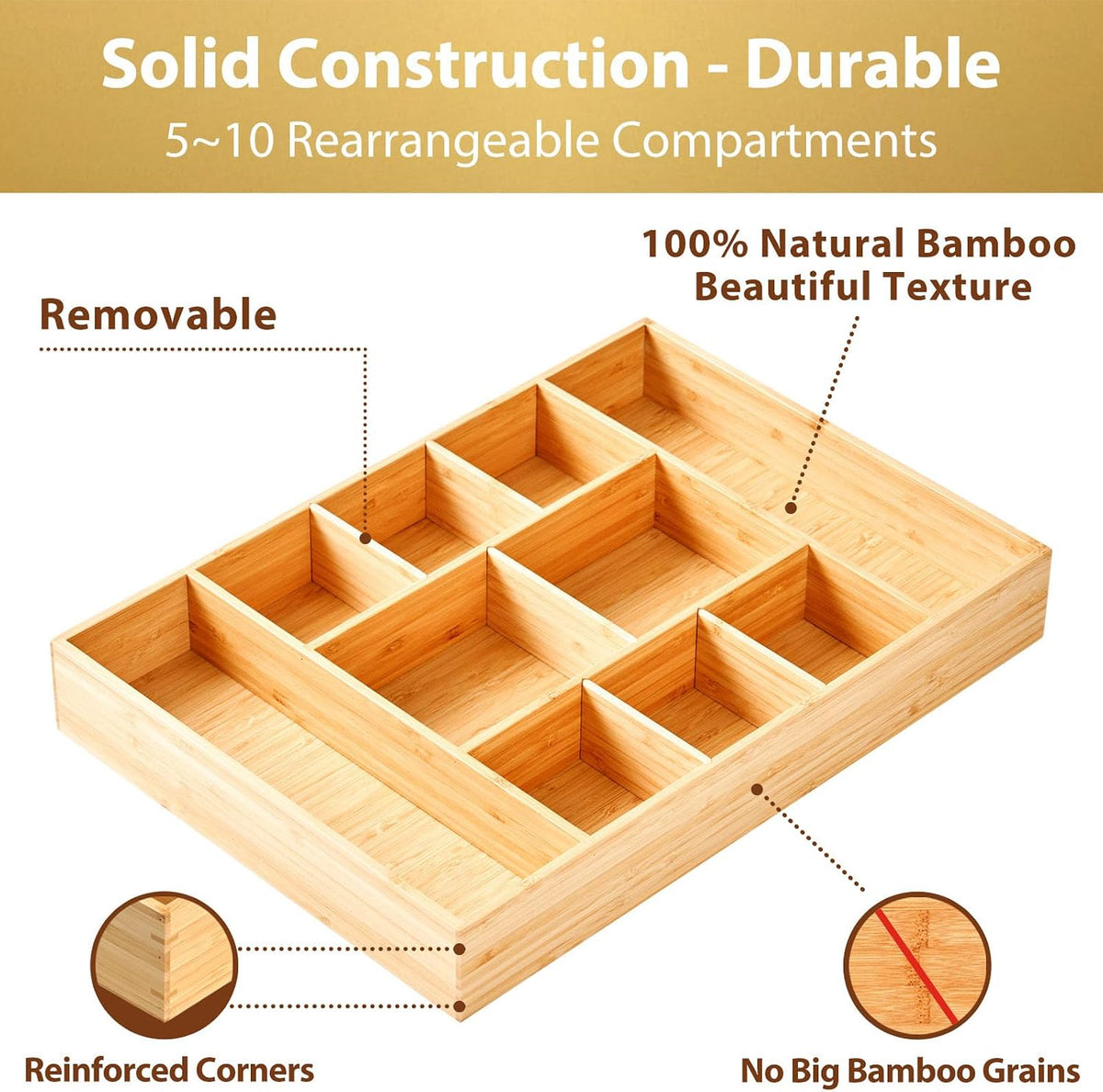 Bamboo Desk Drawer Organizer, Wood Junk Organizer Tray with Adjustable Dividers, Anti-Skip Storage Organization in Office Bathroom Drawer for Vanity, Makeup, 12" x 9"