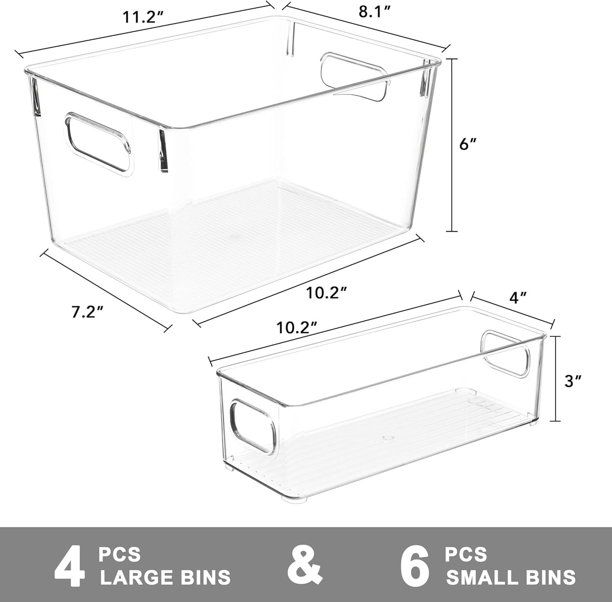 Set of 10 Clear Plastic Storage Bins, 4 Large and 6 Small Stackable Storage Containers for Pantry Organization, Organizer Bins for Home, Kitchen, Bathroom, Office, Cabinet Shelf Organizers