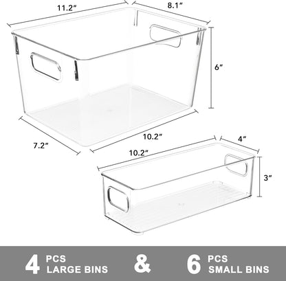 Set of 10 Clear Plastic Storage Bins, 4 Large and 6 Small Stackable Storage Containers for Pantry Organization, Organizer Bins for Home, Kitchen, Bathroom, Office, Cabinet Shelf Organizers