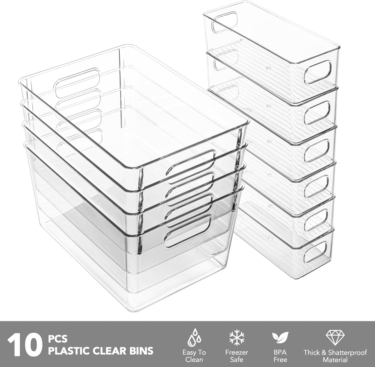Set of 10 Clear Plastic Storage Bins, 4 Large and 6 Small Stackable Storage Containers for Pantry Organization, Organizer Bins for Home, Kitchen, Bathroom, Office, Cabinet Shelf Organizers