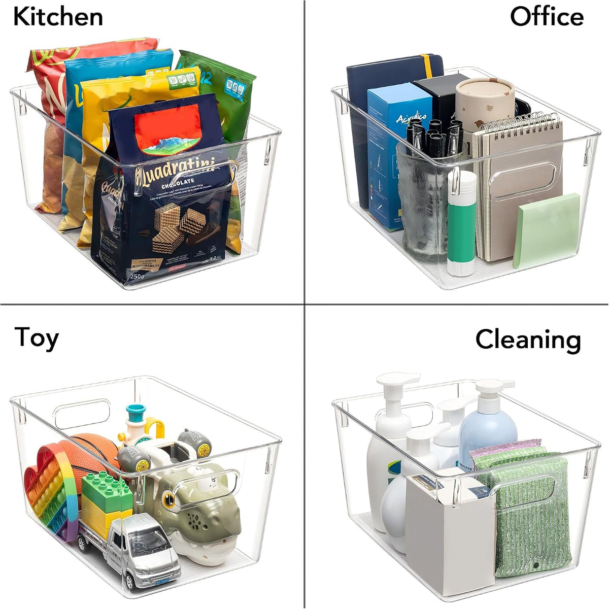 Set of 10 Clear Plastic Storage Bins, 4 Large and 6 Small Stackable Storage Containers for Pantry Organization, Organizer Bins for Home, Kitchen, Bathroom, Office, Cabinet Shelf Organizers