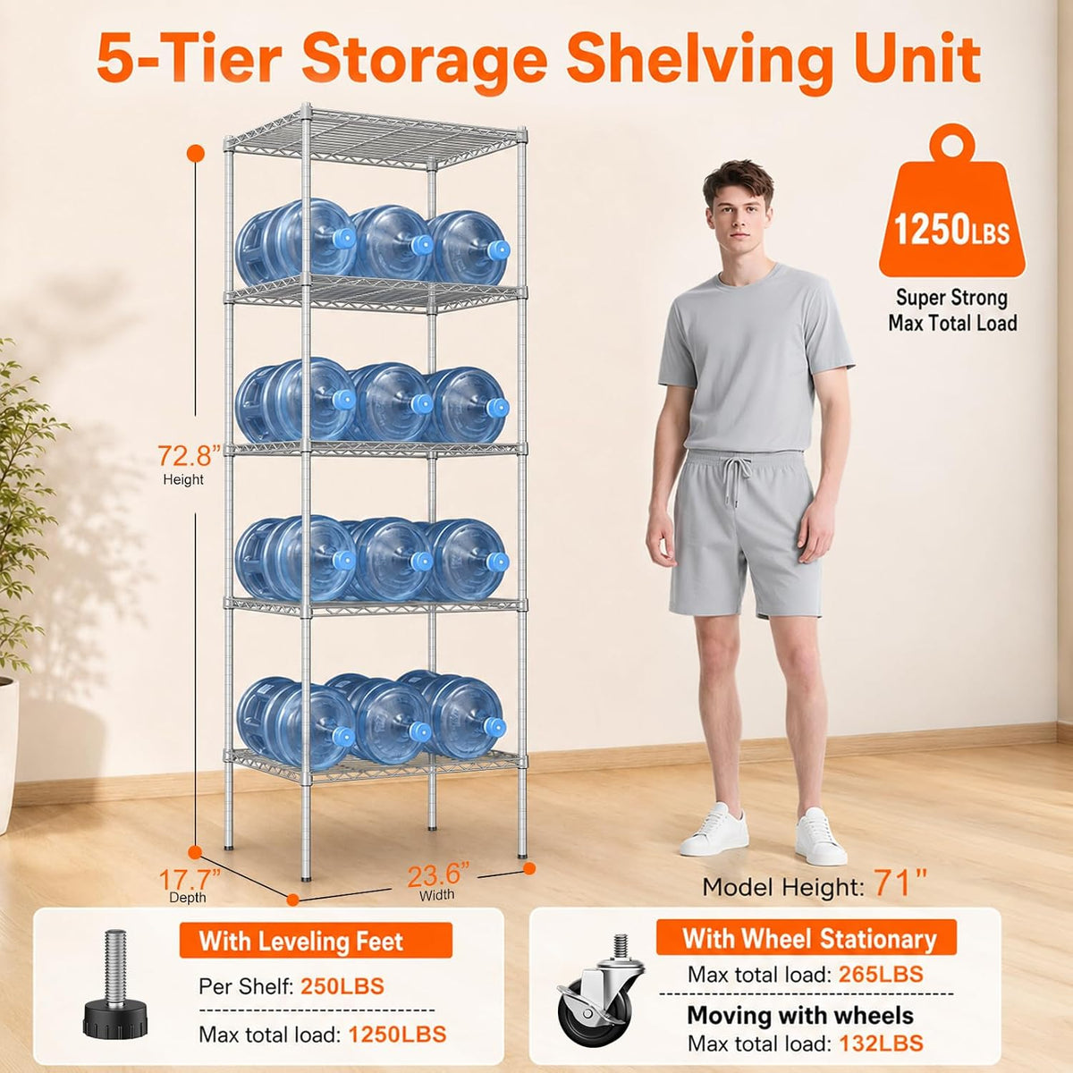 5 Tier Wire Shelving Unit, 72.8" H Heavy Duty Metal Storage Shelves