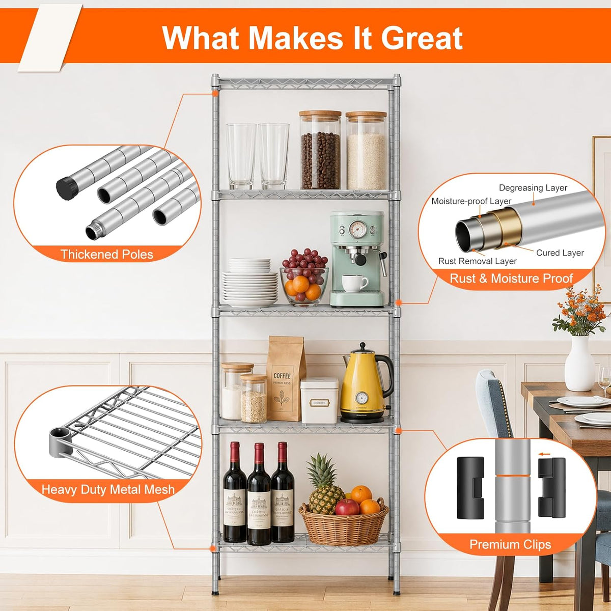 5 Tier Wire Shelving Unit, 72.8" H Heavy Duty Metal Storage Shelves