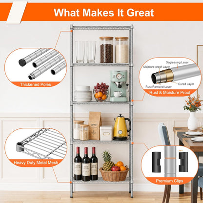 5 Tier Wire Shelving Unit, 72.8" H Heavy Duty Metal Storage Shelves