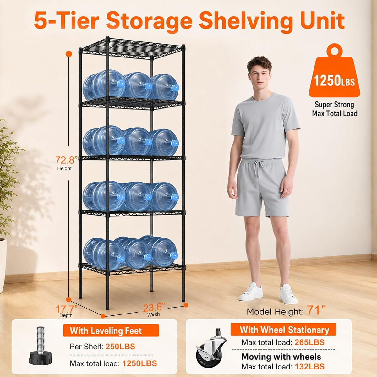 5 Tier Wire Shelving Unit, 72.8" H Heavy Duty Metal Storage Shelves