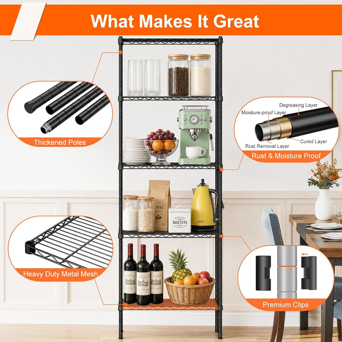 5 Tier Wire Shelving Unit, 72.8" H Heavy Duty Metal Storage Shelves