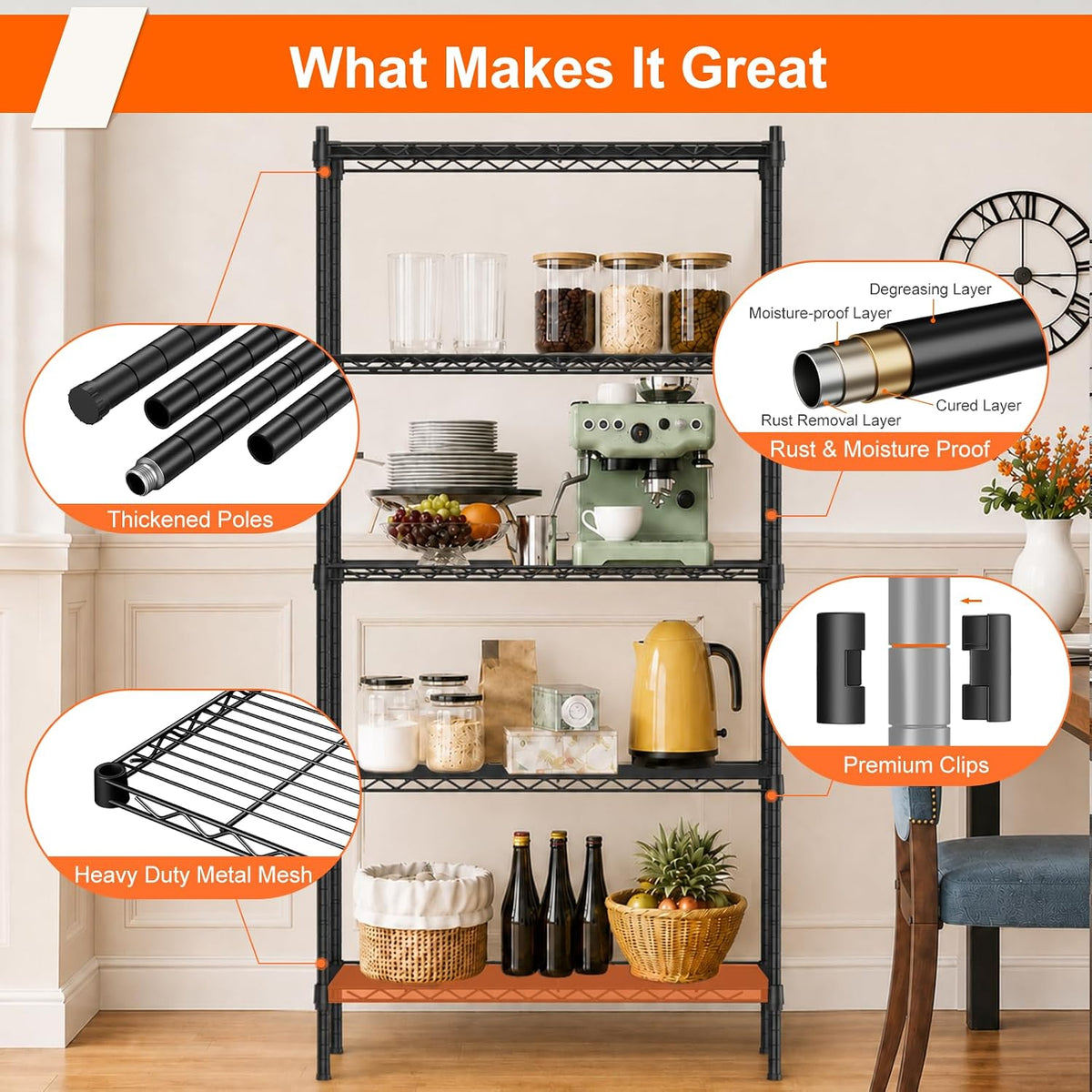 5 Tier Wire Shelving Unit, 72.8" H Heavy Duty Metal Storage Shelves