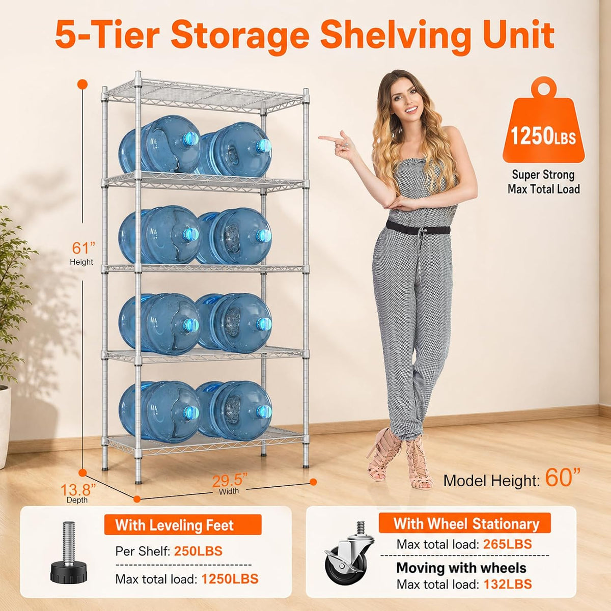 5 Tier Wire Shelving Unit, 72.8" H Heavy Duty Metal Storage Shelves
